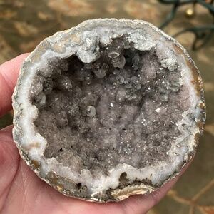 Mexican Coconut Agate Geode halved from Chihuahua, Mexico. Smoky Quartz